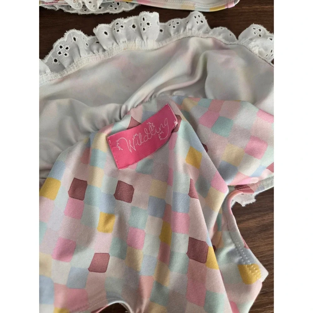 Wildling Girls Pastel Checkered‎ Eyelet Lace Ruffle Two Piece Bikini Swimsuit 3